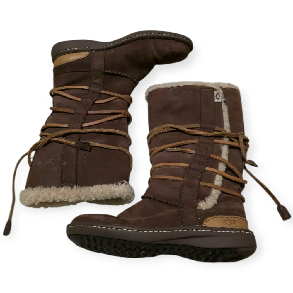 UGG Catalina 1634 Suede & Shearling Women's Tan Shearling Lace-Up Tall Boots